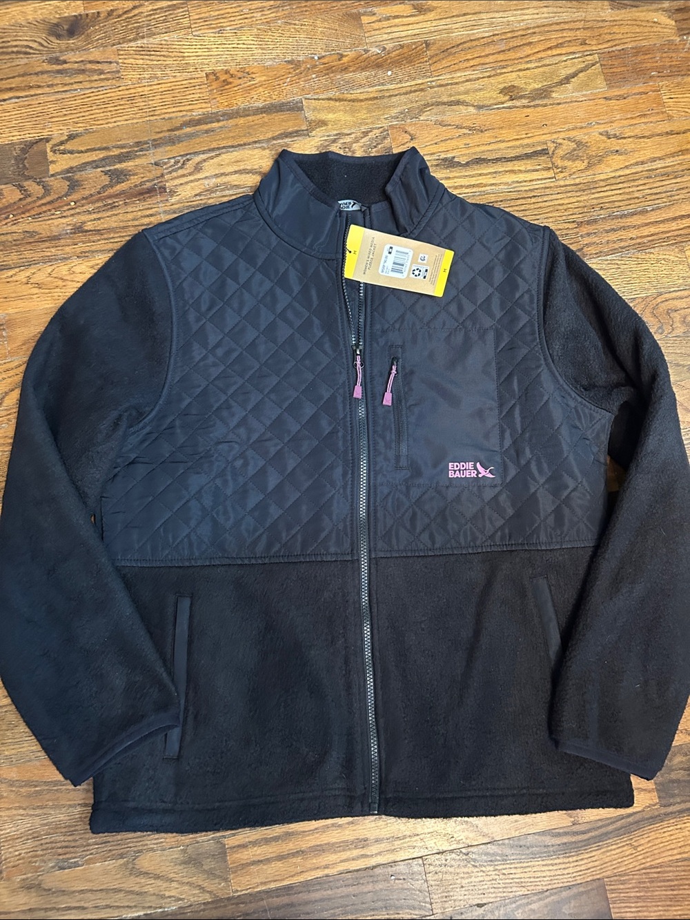 Eddie Bauer Black Quilted Fleece Jacket with Pink Accents